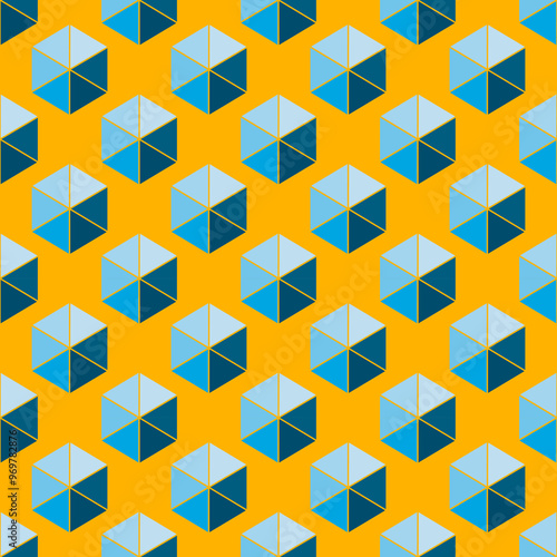 A seamless pattern of blue hexagons on a yellow background