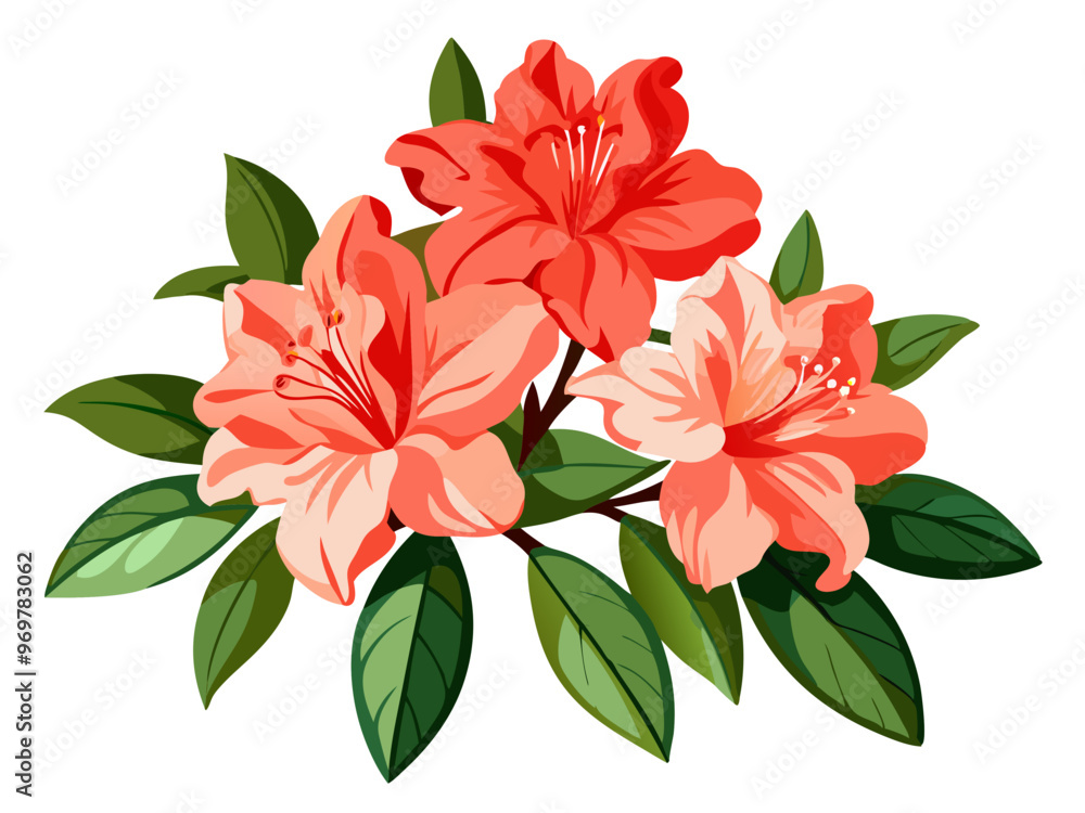 Obraz premium Vibrant Azalea Flower Illustration with Green Leaves - Detailed illustration of a vibrant azalea flower, surrounded by lush green leaves. Perfect for nature-themed artwork or botanical designs