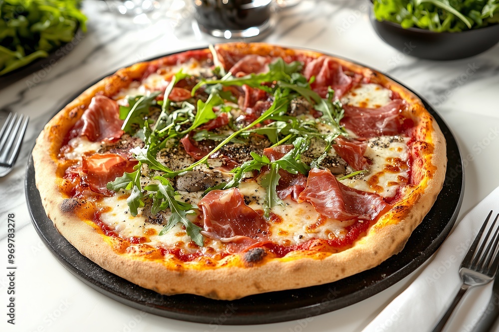 A high resolution, realistic of a pizza with a variety of gourmet toppings, such as prosciutto, arugula, and truffle oil. The pizza is placed on a marble countertop with elegant
