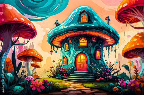 A colorful fairy tale house built inside a giant mushroom vector painting art illustration on a white background.