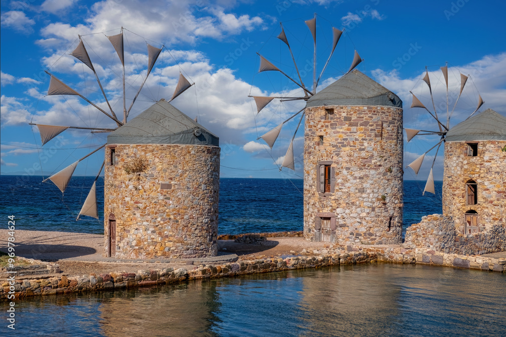 Greece island; Chios island historical windmill. Travel concept photo.
