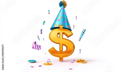Colorful dollar symbol with a party hat and confetti, perfect for celebration themes related to money and success.