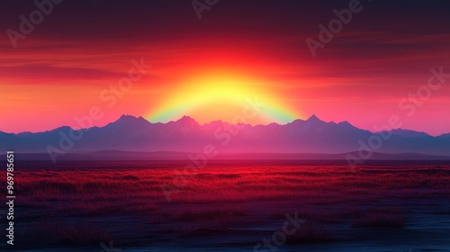 Vibrant Sunset Over Mountain Range with Rainbow