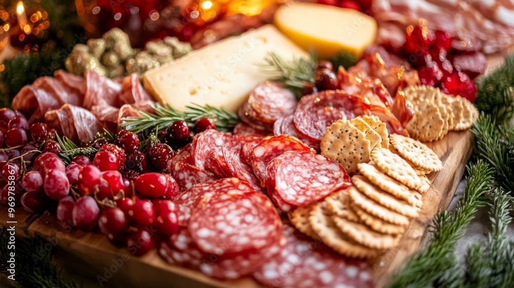 Festive Charcuterie Board with Salami, Cheese, Grapes, and Crackers Festive Charcuterie Board with Salami, Cheese, Grapes, and Crackers