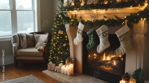 Christmas Fireplace Decor with Stocking and Candles