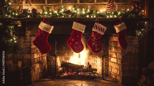 Cozy Christmas Fireplace with Red Stockings and Glowing Fire