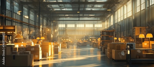 Sunlit Warehouse Interior with Stacks of Cardboard Boxes