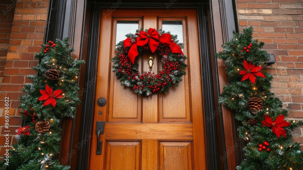 Christmas Decorated Front Door with Wreath and Garlands Christmas Decorated Front Door with Wreath and Garlands