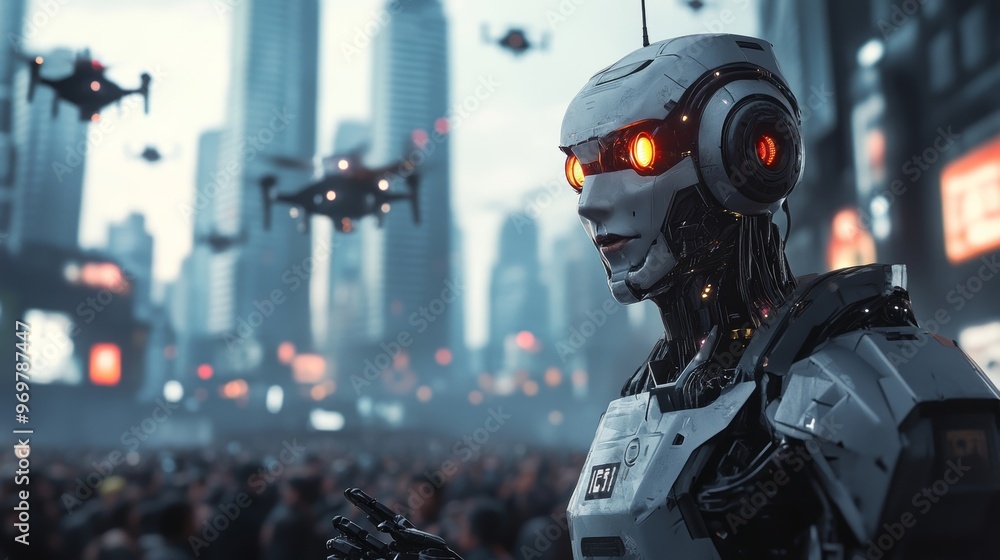 Fototapeta premium Futuristic Robot in Cyberpunk City: A Digital Art Masterpiece