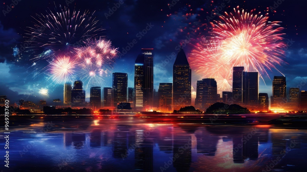 Fototapeta premium A vibrant city skyline illuminated by colorful fireworks against a night sky.