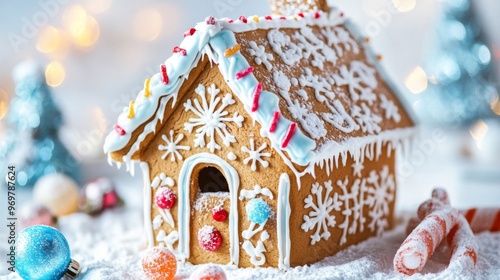 Gingerbread House Decorated with Icing and Candy Canes