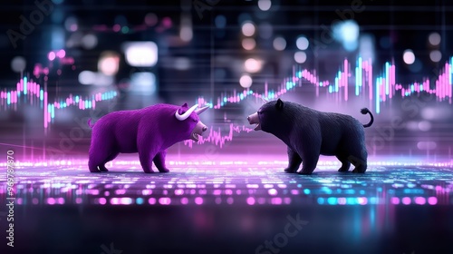 Dynamic illustration of a bull and bear symbolizing stock market trends and investor emotions in digital finance. photo