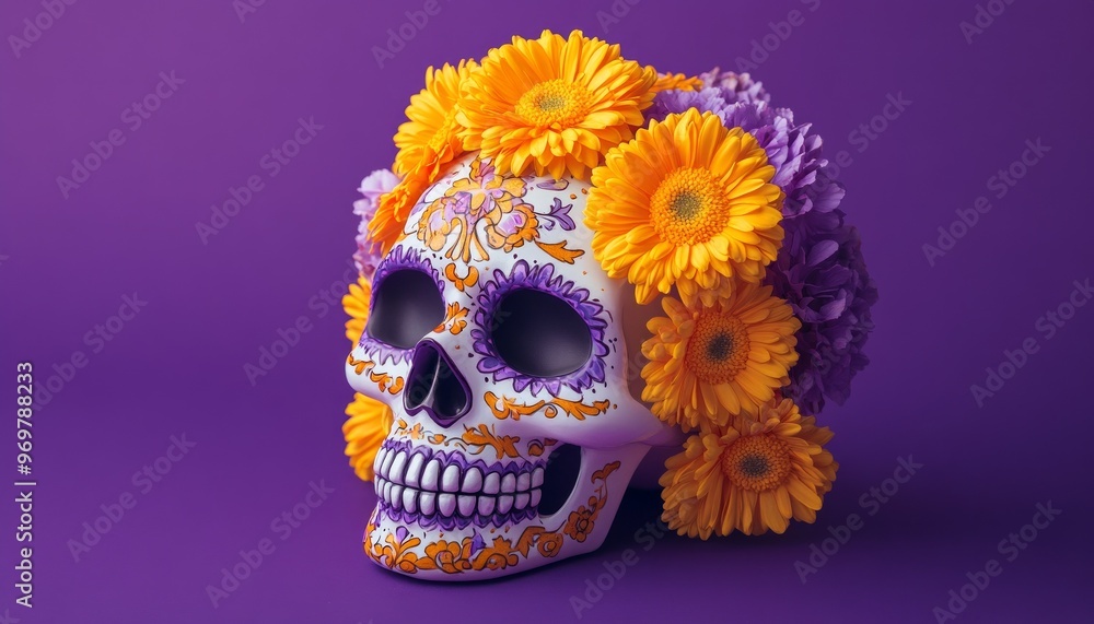 White Skull Decorated with Flowers for Day of the Dead on Purple Background White Skull Decorated with Flowers for Day of the Dead on Purple Background