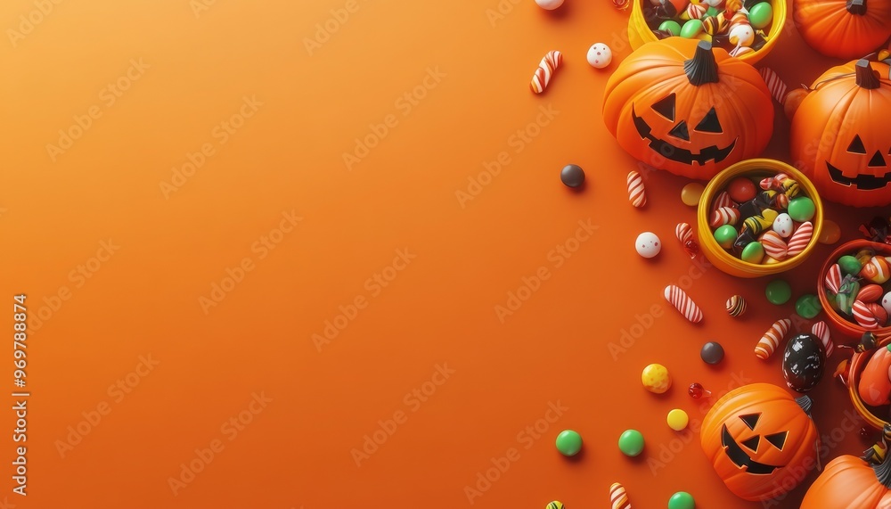 Halloween Trick-or-Treat Corn Candy Scattered on Orange Background with Pumpkins Halloween Trick-or-Treat Corn Candy Scattered on Orange Background with Pumpkins