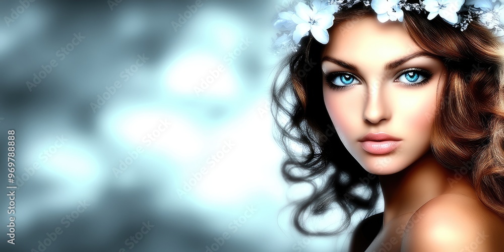 Fototapeta premium A captivating young woman adorned with a floral crown gazes thoughtfully into the distance amidst a soft, ethereal backdrop in a magical moment