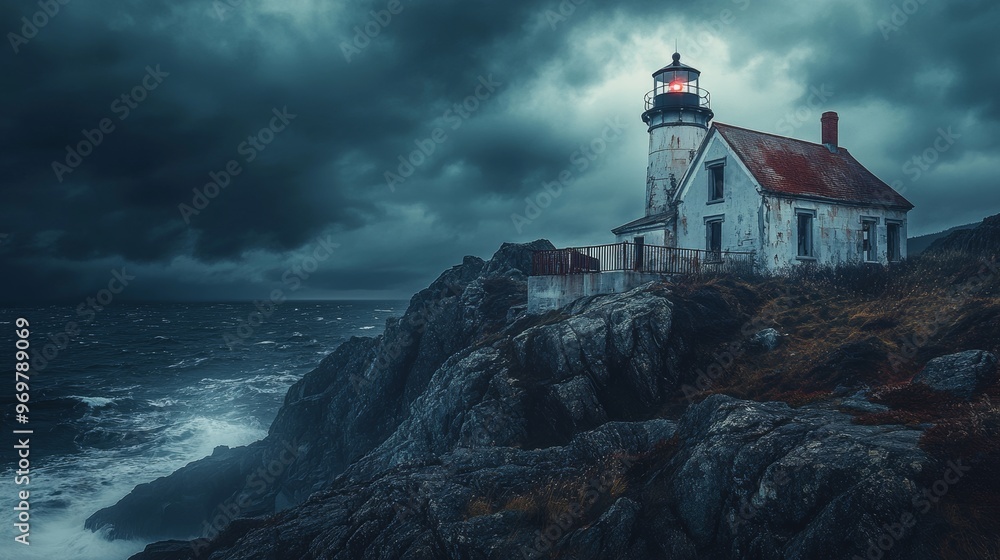 Fototapeta premium Lighthouse on a Stormy Coast: A Dramatic Seascape
