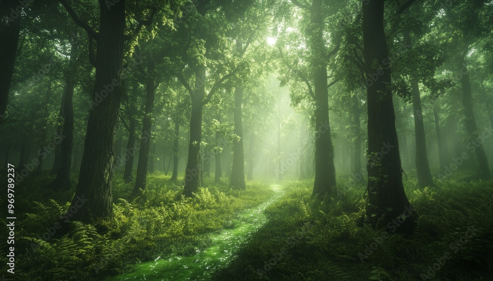 Fototapeta premium Mysterious Forest with Sunlight Filtering Through Trees