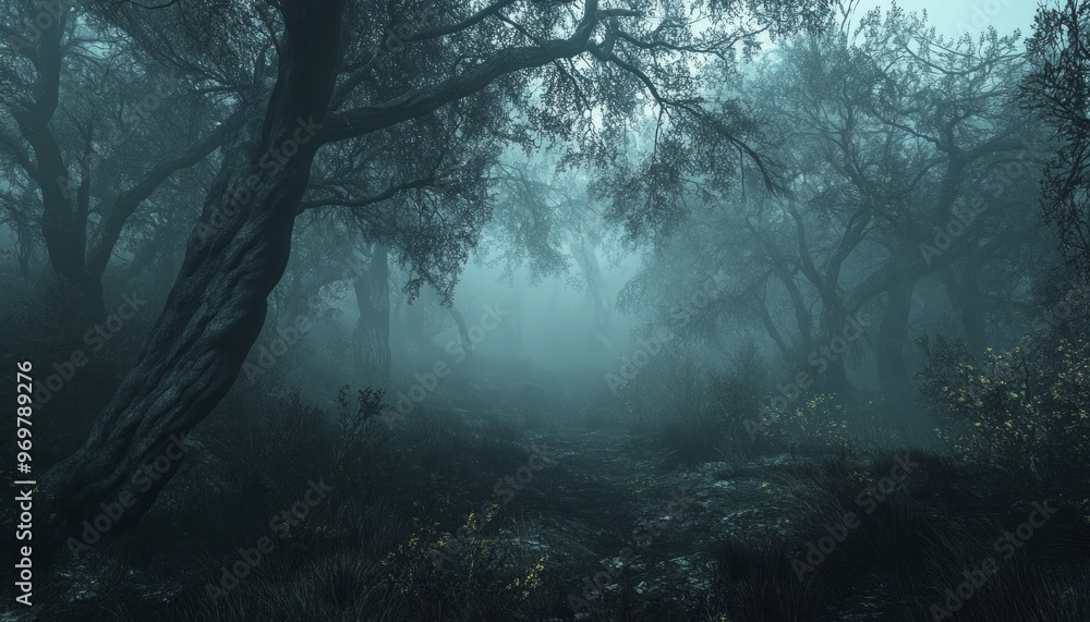 Obraz premium Spooky Forest Filled with Dense Fog and Silhouetted Trees in Eerie Twilight