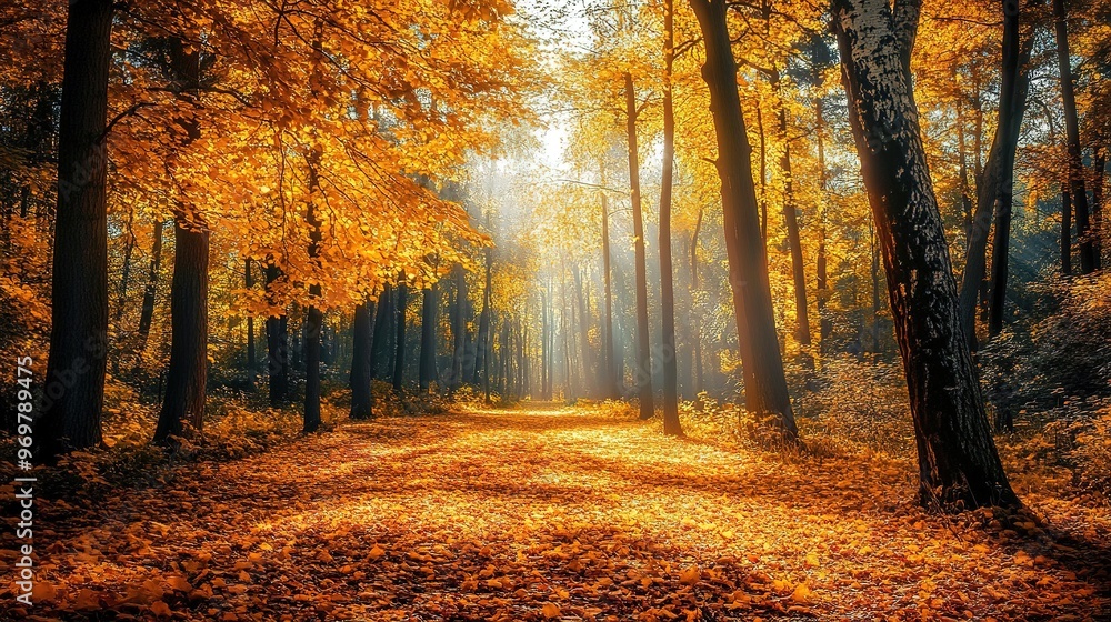 Obraz premium A vibrant autumn forest with golden leaves covering the ground and sunlight streaming through the trees