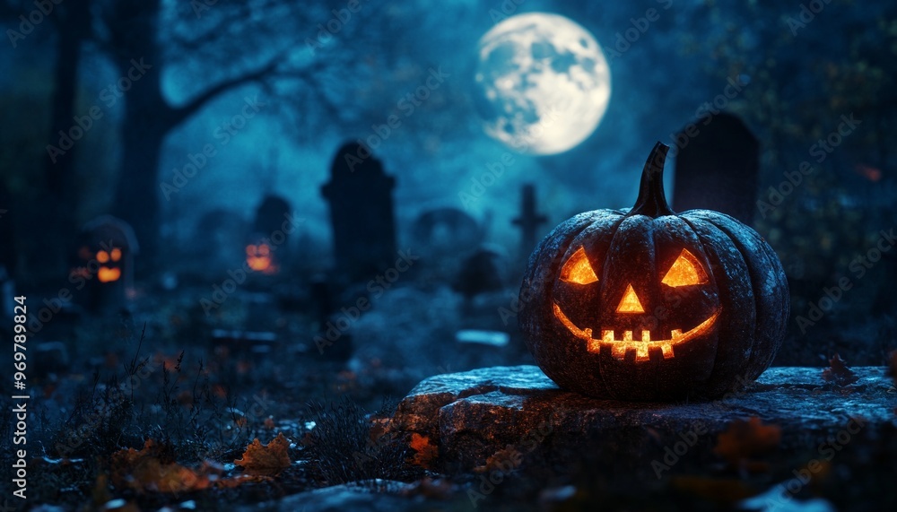 Fototapeta premium Jack-O-Lanterns with Glowing Eyes on Wooden Fence in Full Moon Night