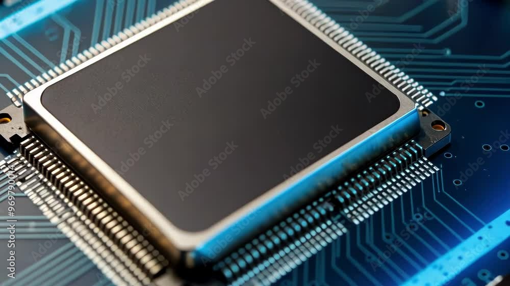Close up of a microchip on a circuit board, showcasing intricate designs and technology, emphasizing modern electronics Close up of a microchip on a circuit board, showcasing intricate designs and technology, emphasizing modern electronics