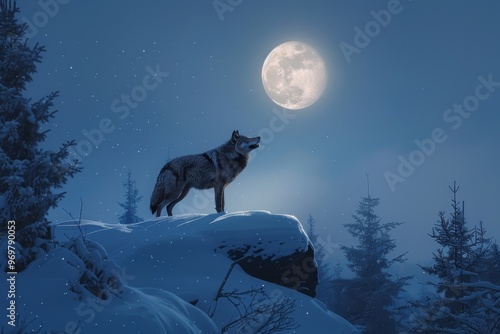 Wallpaper Mural A lone wolf howls at a full moon in a tranquil snowy landscape, evoking a sense of wilderness and mystery. Torontodigital.ca