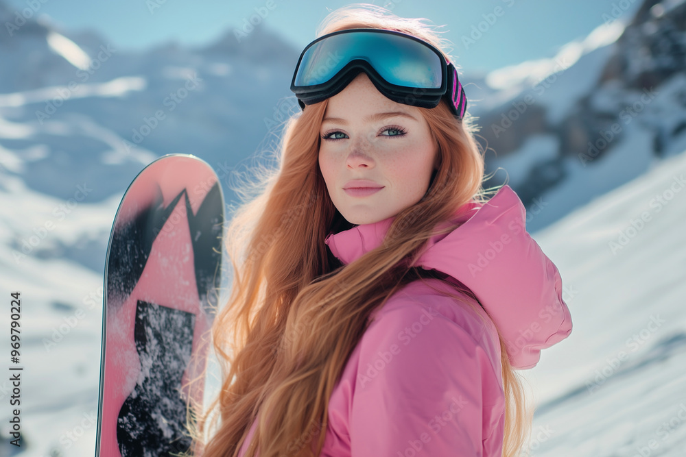 young woman with snowboard at ski winter resort, cute redhead girl snowboarding on weekends, active recreation young woman with snowboard at ski winter resort, cute redhead girl snowboarding on weekends, active recreation