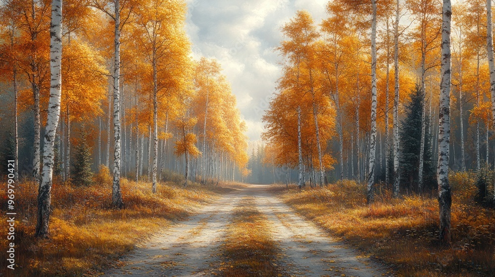 Golden Autumn Pathway Through Birch Forest Golden Autumn Pathway Through Birch Forest