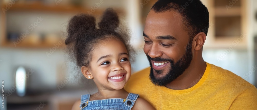A father and daughter smiling at each other as they work on a home improvement project A father and daughter smiling at each other as they work on a home improvement project