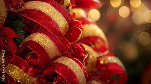 Red and Gold Glittery Christmas Ribbon Close Up