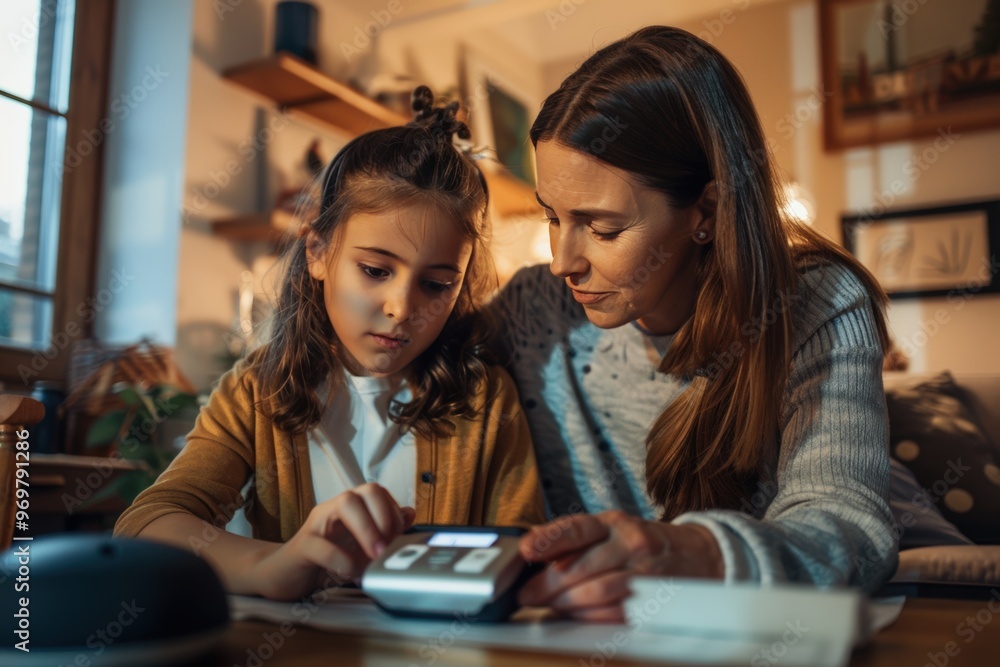 Mother Assisting Daughter with Blood Pressure Monitor in Cozy Living Room - Family Health Care Concept Mother Assisting Daughter with Blood Pressure Monitor in Cozy Living Room - Family Health Care Concept