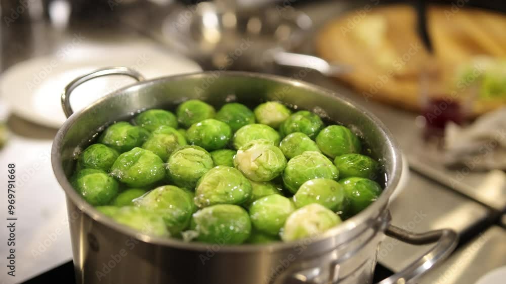 Stainless pot, kitchen counter, fresh produce. Brussels sprouts are boiling in stainless steel pot on kitchen counter, with various utensils visible in background.