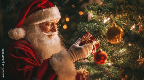 Santa Claus Decorating a Christmas Tree with a Red Gift