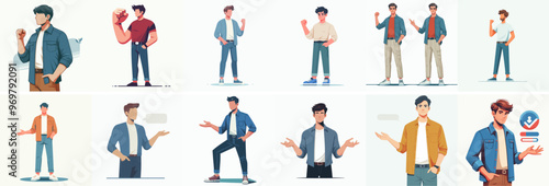 vector set of young men with open hand gestures