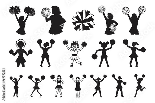 Cheerleader silhouette, Cheer Pom Pom Svg, Cheer Girls Silhouette Bundle, Cheerleader silhouettes, Cheerleader girl vector, cheer, pompom, vector, icon, football, silhouette, isolated, homecoming, ill