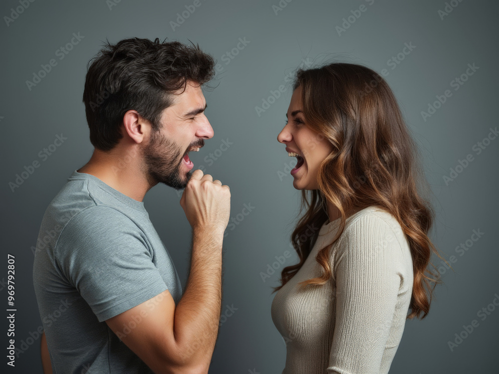 Man and woman yelling at each other during argument, illustrating intense relationship conflict, emotional tension, and frustration in a close-up confrontation scene Man and woman yelling at each other during argument, illustrating intense relationship conflict, emotional tension, and frustration in a close-up confrontation scene