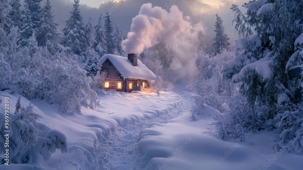 A Snowy Cabin with Smoke Rising from its Chimney in a Winter Forest A Snowy Cabin with Smoke Rising from its Chimney in a Winter Forest