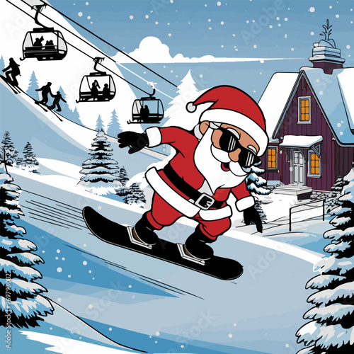 Santa's entertainment at ski resort. Ski resort valley with ski lift. Flat vector illustration. Skiing in snowy mountains, cable car and small hotel or wooden chalet