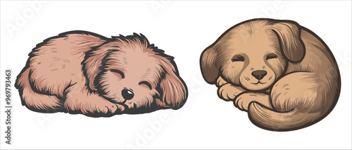Set of cute puppy sleeping, dog sleeping illustration set, Generative AI