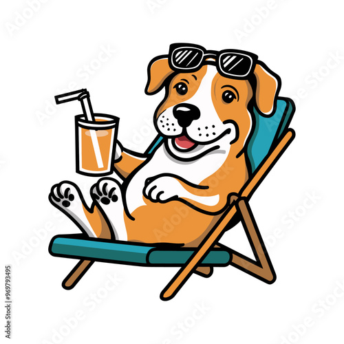 Dog relaxing on a deck chair and holding a drink in summer season, Generative AI