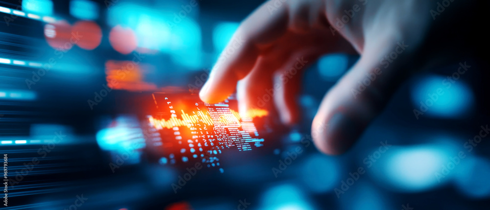 Robotic trader in a hightech trading room, interacting with a floating holographic stock chart, financial AI, robot managing digital stock trades Robotic trader in a hightech trading room, interacting with a floating holographic stock chart, financial AI, robot managing digital stock trades