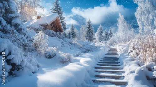 Wallpaper Mural Snow-Covered Cabin with Steps Leading into a Snowy Mountain Forest Torontodigital.ca