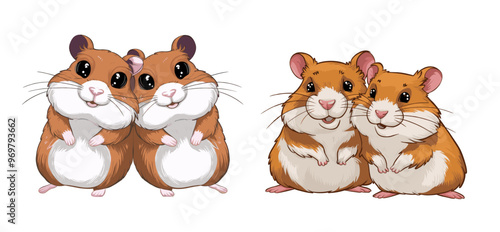 Cute hamsters lean on each other, Valentine's couple illustration set, Generative Ai