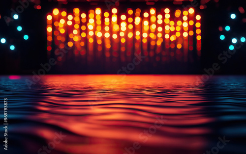 A mesmerizing abstract scene featuring colorful lights and shimmering water reflections, creating a vibrant and dynamic atmosphere.