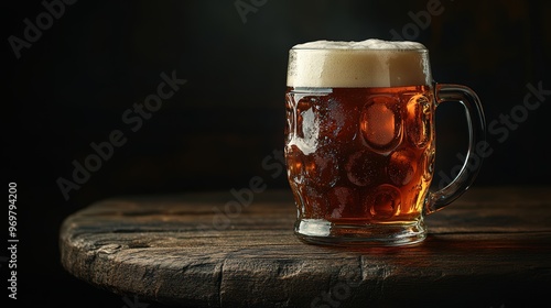 Glass of beer on a wooden table in the background