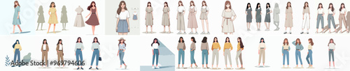 vector set of young women standing in casual clothes