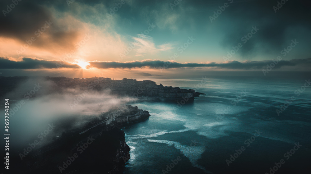 A breathtaking view of coastal landscape at sunrise, with mist hovering over water and serene atmosphere. soft light reflects on calm sea, creating tranquil scene A breathtaking view of coastal landscape at sunrise, with mist hovering over water and serene atmosphere. soft light reflects on calm sea, creating tranquil scene