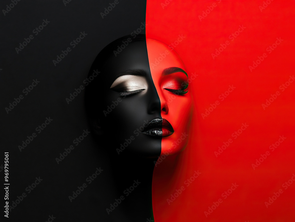 A striking visual of a half-black, half-red face representing duality and contrast in art and beauty. A striking visual of a half-black, half-red face representing duality and contrast in art and beauty.