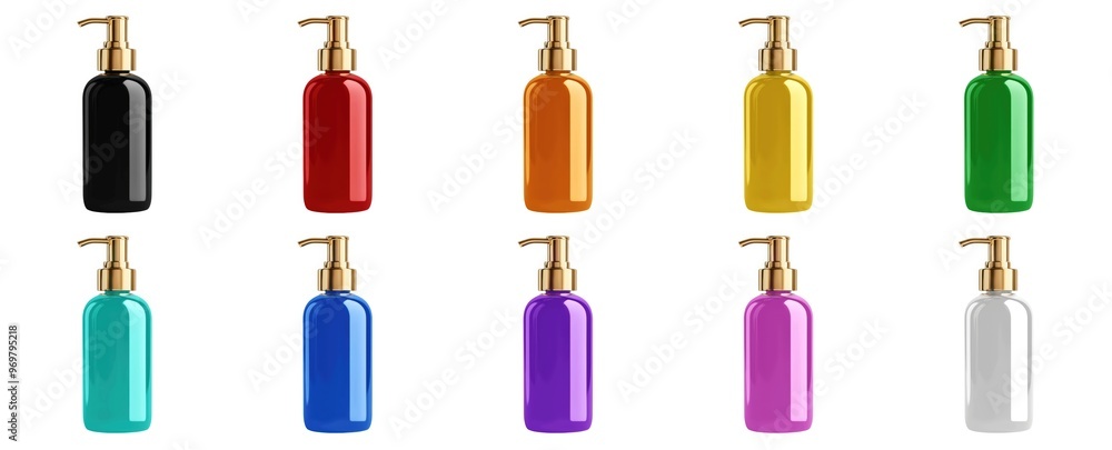 Set of colorful glass pump bottles with gold pumps. Front view, ideal for luxury soap or lotion. Isolated on white background. Generative ai Set of colorful glass pump bottles with gold pumps. Front view, ideal for luxury soap or lotion. Isolated on white background. Generative ai