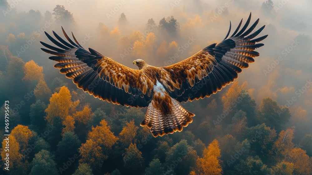 Obraz premium Golden Eagle Soaring Through Foggy Autumn Forest
